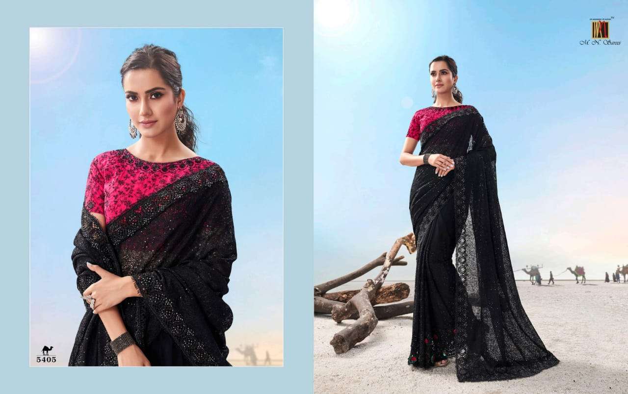 SWAROVSKI VOL-2 BY M N SAREES 5401 TO 5410 SERIES INDIAN TRADITIONAL WEAR COLLECTION BEAUTIFUL STYLISH FANCY COLORFUL PARTY WEAR & OCCASIONAL WEAR PURE SATIN/GEORGETTE SAREES AT WHOLESALE PRICE