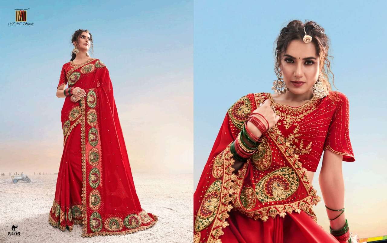 SWAROVSKI VOL-2 BY M N SAREES 5401 TO 5410 SERIES INDIAN TRADITIONAL WEAR COLLECTION BEAUTIFUL STYLISH FANCY COLORFUL PARTY WEAR & OCCASIONAL WEAR PURE SATIN/GEORGETTE SAREES AT WHOLESALE PRICE