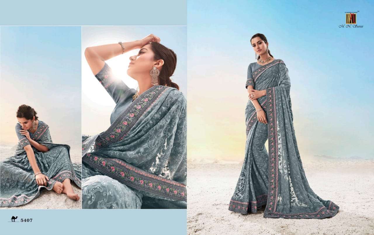 SWAROVSKI VOL-2 BY M N SAREES 5401 TO 5410 SERIES INDIAN TRADITIONAL WEAR COLLECTION BEAUTIFUL STYLISH FANCY COLORFUL PARTY WEAR & OCCASIONAL WEAR PURE SATIN/GEORGETTE SAREES AT WHOLESALE PRICE