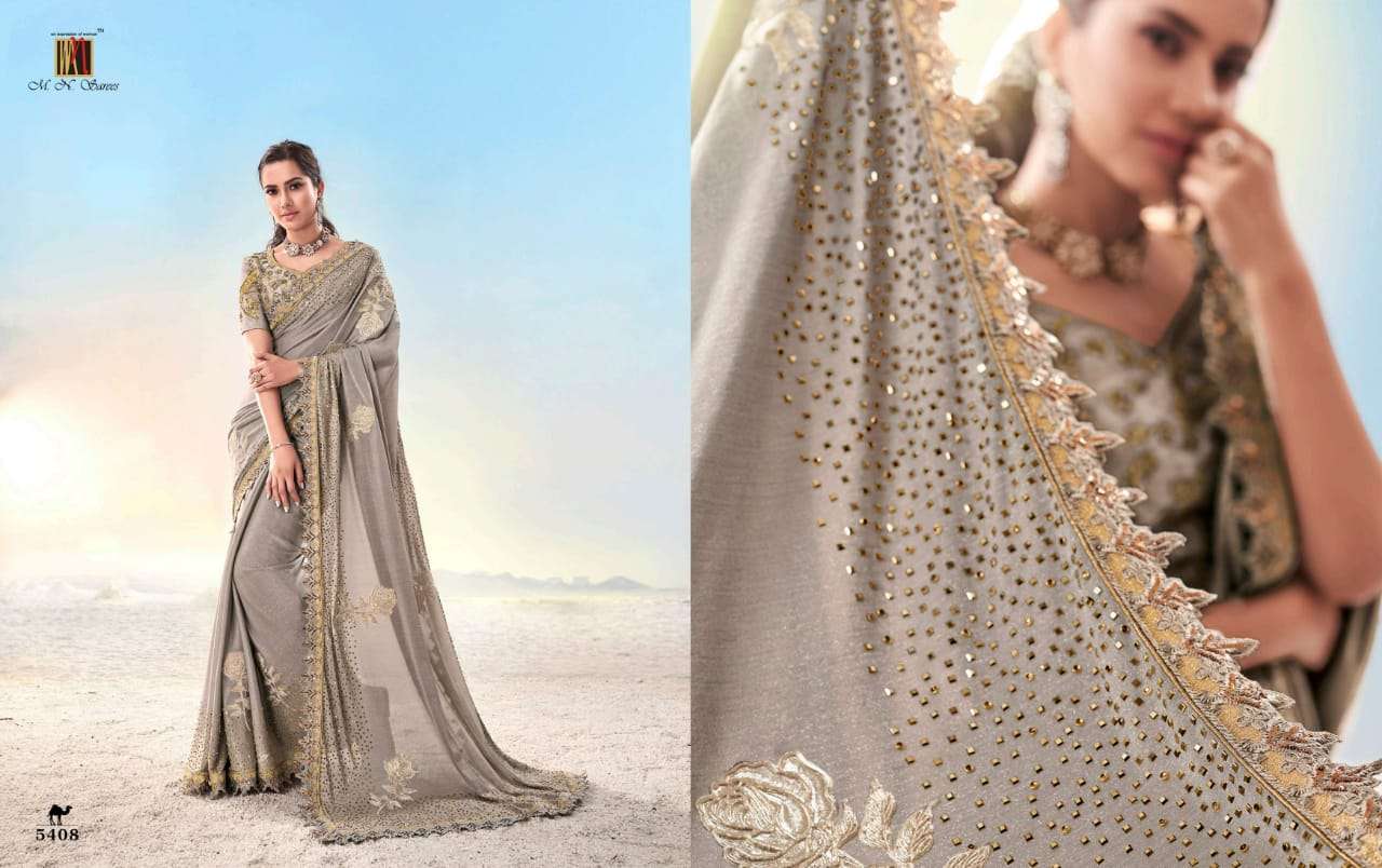 SWAROVSKI VOL-2 BY M N SAREES 5401 TO 5410 SERIES INDIAN TRADITIONAL WEAR COLLECTION BEAUTIFUL STYLISH FANCY COLORFUL PARTY WEAR & OCCASIONAL WEAR PURE SATIN/GEORGETTE SAREES AT WHOLESALE PRICE