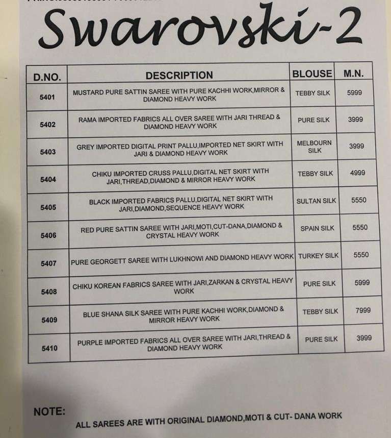 SWAROVSKI VOL-2 BY M N SAREES 5401 TO 5410 SERIES INDIAN TRADITIONAL WEAR COLLECTION BEAUTIFUL STYLISH FANCY COLORFUL PARTY WEAR & OCCASIONAL WEAR PURE SATIN/GEORGETTE SAREES AT WHOLESALE PRICE