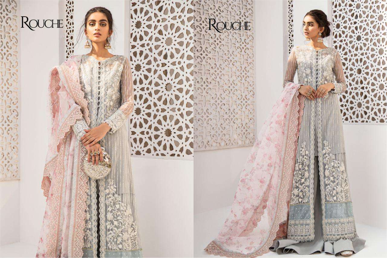QALAMKAR BY ROUCHE 01 TO 04 BEAUTIFUL COLORFUL STYLISH FANCY CASUAL WEAR & ETHNIC WEAR & READY TO WEAR HEAVY BUTTERFLY NET WITH EMBROIDERY DRESSES AT WHOLESALE PRICE