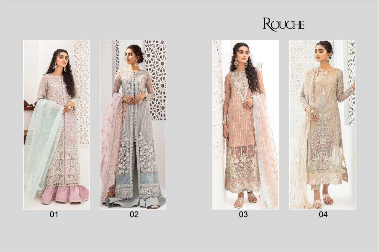 QALAMKAR BY ROUCHE 01 TO 04 BEAUTIFUL COLORFUL STYLISH FANCY CASUAL WEAR & ETHNIC WEAR & READY TO WEAR HEAVY BUTTERFLY NET WITH EMBROIDERY DRESSES AT WHOLESALE PRICE