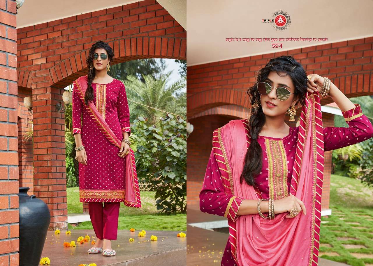KUMKUM BY AAA DESIGN STUDIO 591 TO 596 SERIES BEAUTIFUL COLORFUL STYLISH FANCY CASUAL WEAR & ETHNIC WEAR & READY TO WEAR JAM PRINTED WITH EMBROIDERY DRESSES AT WHOLESALE PRICE