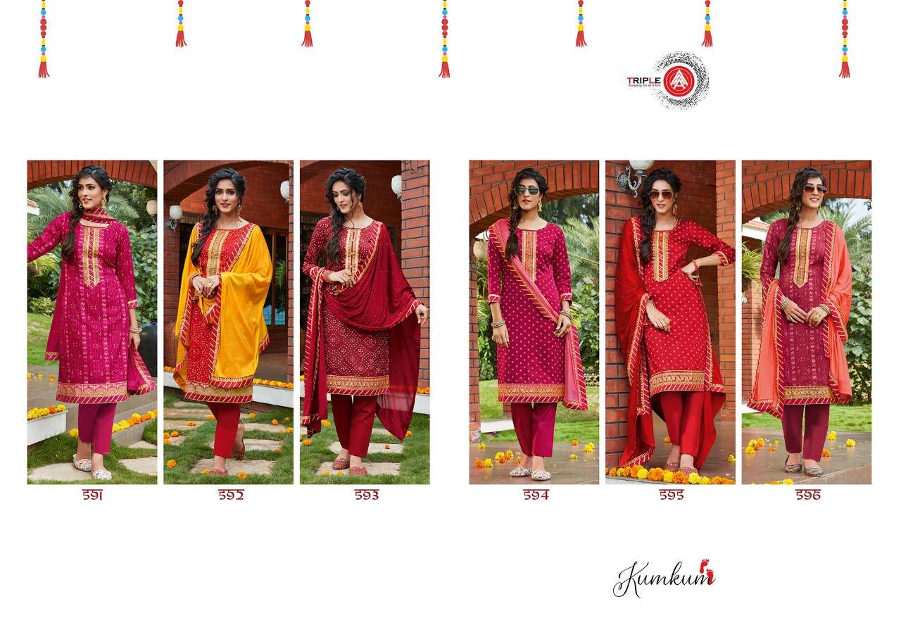 KUMKUM BY AAA DESIGN STUDIO 591 TO 596 SERIES BEAUTIFUL COLORFUL STYLISH FANCY CASUAL WEAR & ETHNIC WEAR & READY TO WEAR JAM PRINTED WITH EMBROIDERY DRESSES AT WHOLESALE PRICE
