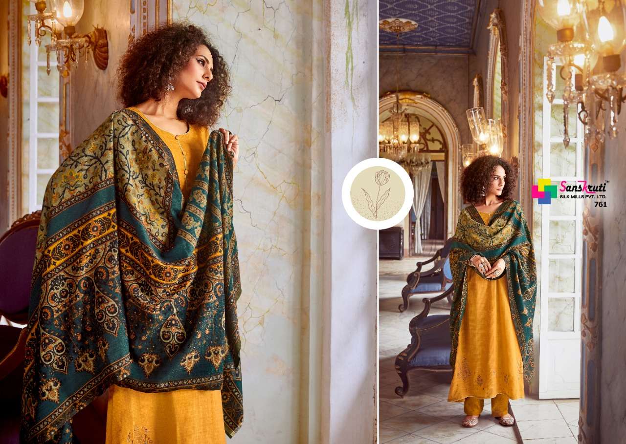 FAWZIYAH BY SANSKRUTI SILK MILLS 760 TO 769 SERIES BEAUTIFUL COLORFUL STYLISH FANCY CASUAL WEAR & ETHNIC WEAR & READY TO WEAR PURE PASHMINA WOOL DIGITAL PRINT WITH EMBROIDERY DRESSES AT WHOLESALE PRICE