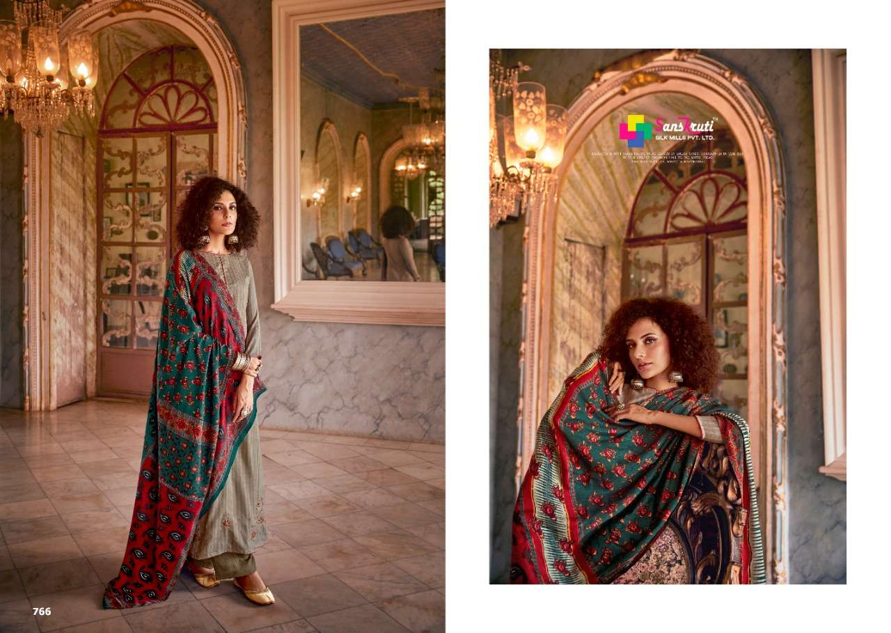 FAWZIYAH BY SANSKRUTI SILK MILLS 760 TO 769 SERIES BEAUTIFUL COLORFUL STYLISH FANCY CASUAL WEAR & ETHNIC WEAR & READY TO WEAR PURE PASHMINA WOOL DIGITAL PRINT WITH EMBROIDERY DRESSES AT WHOLESALE PRICE