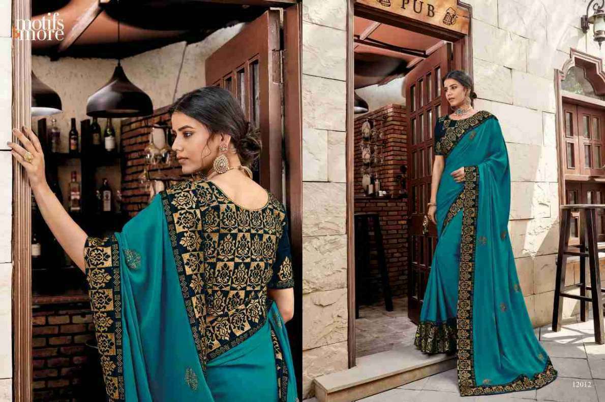 M AND M VOL-12 BY MOTIFS AND MORE 12001 TO 12016 SERIES INDIAN TRADITIONAL WEAR COLLECTION BEAUTIFUL STYLISH FANCY COLORFUL PARTY WEAR & OCCASIONAL WEAR SATIN GEORGETTE SAREES AT WHOLESALE PRICE