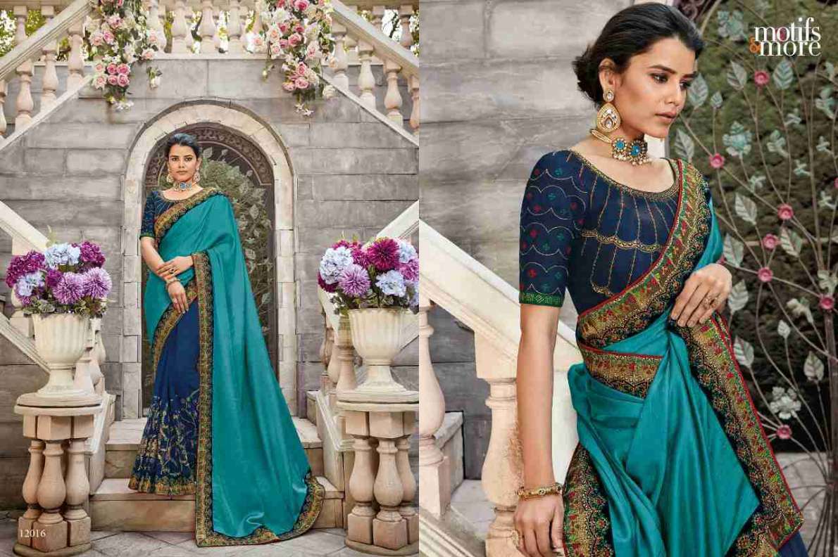 M AND M VOL-12 BY MOTIFS AND MORE 12001 TO 12016 SERIES INDIAN TRADITIONAL WEAR COLLECTION BEAUTIFUL STYLISH FANCY COLORFUL PARTY WEAR & OCCASIONAL WEAR SATIN GEORGETTE SAREES AT WHOLESALE PRICE