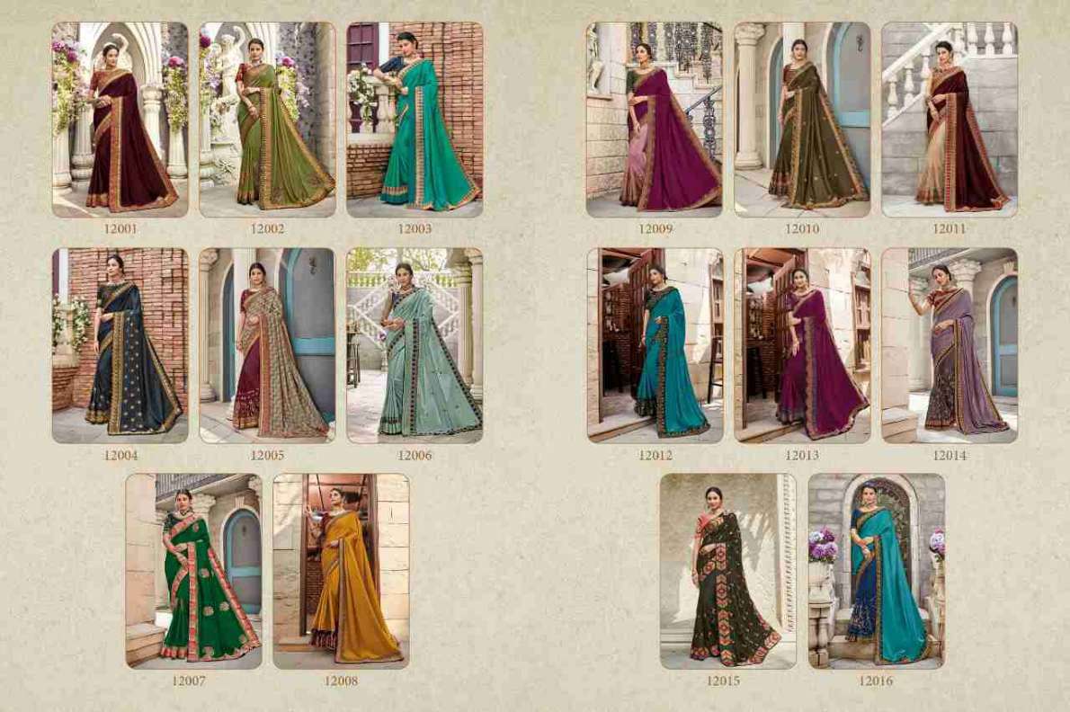 M AND M VOL-12 BY MOTIFS AND MORE 12001 TO 12016 SERIES INDIAN TRADITIONAL WEAR COLLECTION BEAUTIFUL STYLISH FANCY COLORFUL PARTY WEAR & OCCASIONAL WEAR SATIN GEORGETTE SAREES AT WHOLESALE PRICE