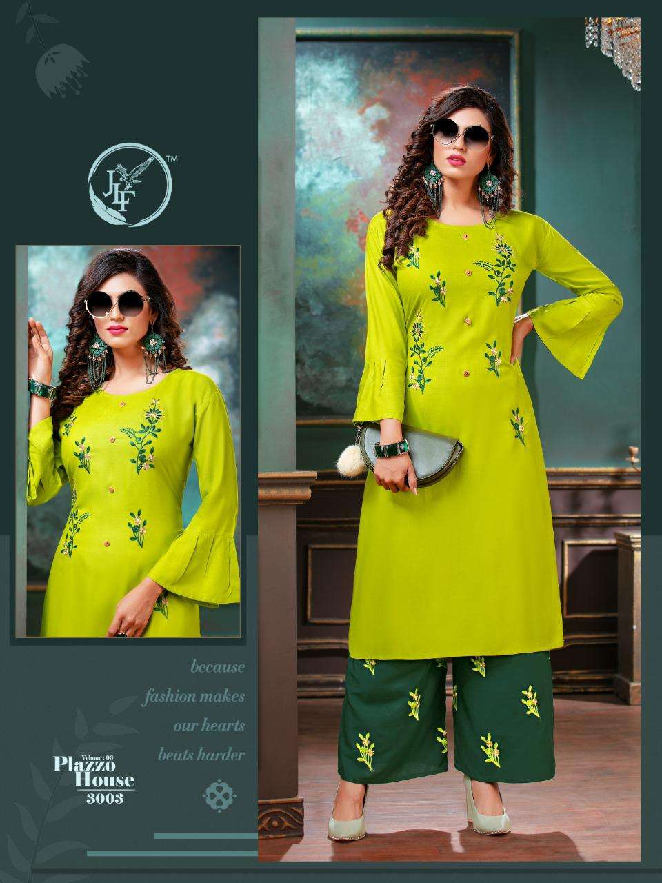 PLAZZO HOUSE VOL-3 BY JLF 3001 TO 3008 SERIES STYLISH FANCY BEAUTIFUL COLORFUL CASUAL WEAR & ETHNIC WEAR HEAVY RAYON EMBROIDERED KURTIS WITH BOTTOM AT WHOLESALE PRICE