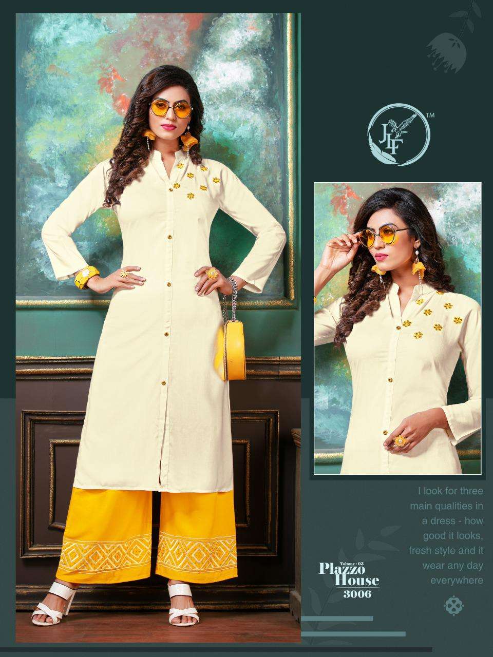 PLAZZO HOUSE VOL-3 BY JLF 3001 TO 3008 SERIES STYLISH FANCY BEAUTIFUL COLORFUL CASUAL WEAR & ETHNIC WEAR HEAVY RAYON EMBROIDERED KURTIS WITH BOTTOM AT WHOLESALE PRICE