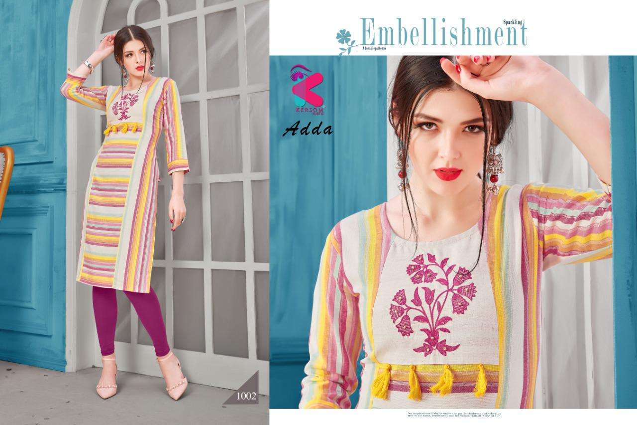 ADDA BY KERSOM 1001 TO 1006 SERIES STYLISH FANCY BEAUTIFUL COLORFUL CASUAL WEAR & ETHNIC WEAR HEAVY COTTON HAND WORKED KURTIS AT WHOLESALE PRICE