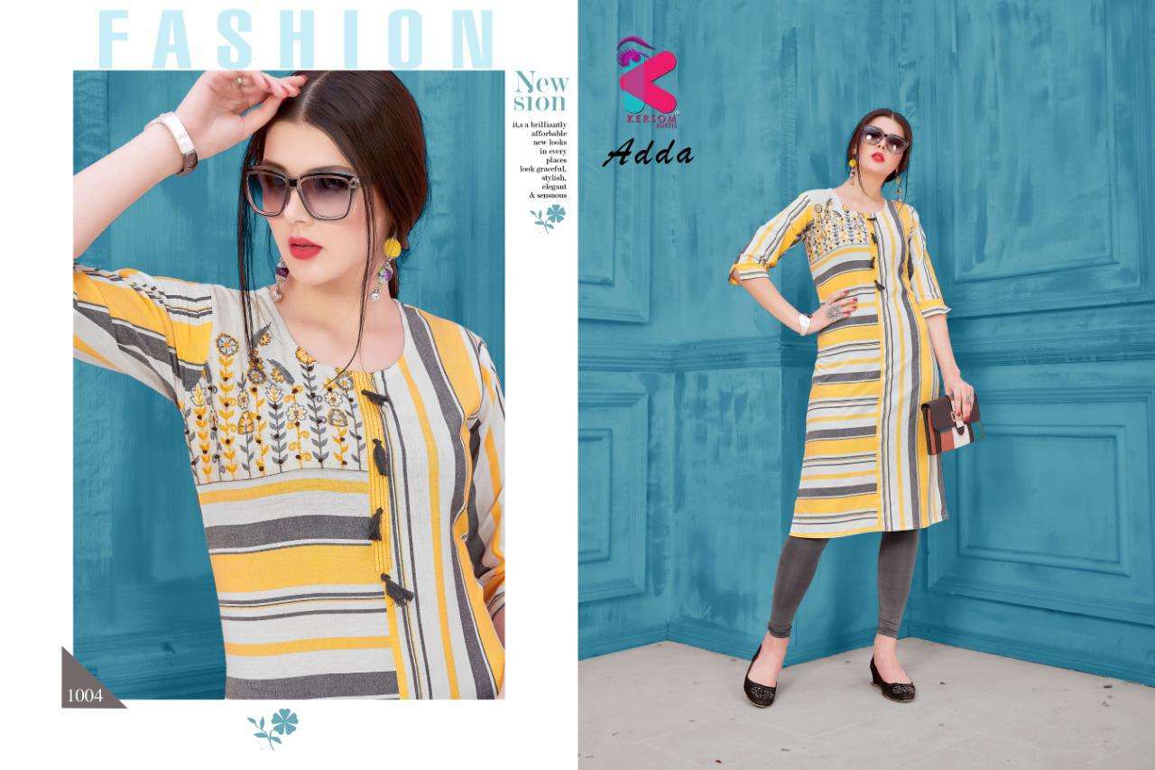 ADDA BY KERSOM 1001 TO 1006 SERIES STYLISH FANCY BEAUTIFUL COLORFUL CASUAL WEAR & ETHNIC WEAR HEAVY COTTON HAND WORKED KURTIS AT WHOLESALE PRICE