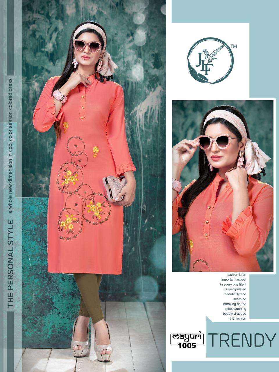 MAYURI BY JLF 1001 TO 1008 SERIES STYLISH FANCY BEAUTIFUL COLORFUL CASUAL WEAR & ETHNIC WEAR HEAVY RAYON EMBROIDERED KURTIS AT WHOLESALE PRICE