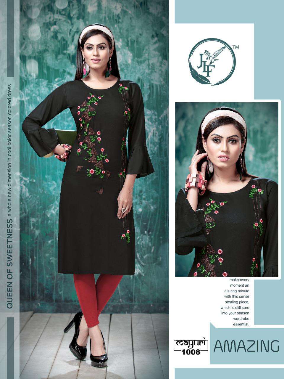 MAYURI BY JLF 1001 TO 1008 SERIES STYLISH FANCY BEAUTIFUL COLORFUL CASUAL WEAR & ETHNIC WEAR HEAVY RAYON EMBROIDERED KURTIS AT WHOLESALE PRICE