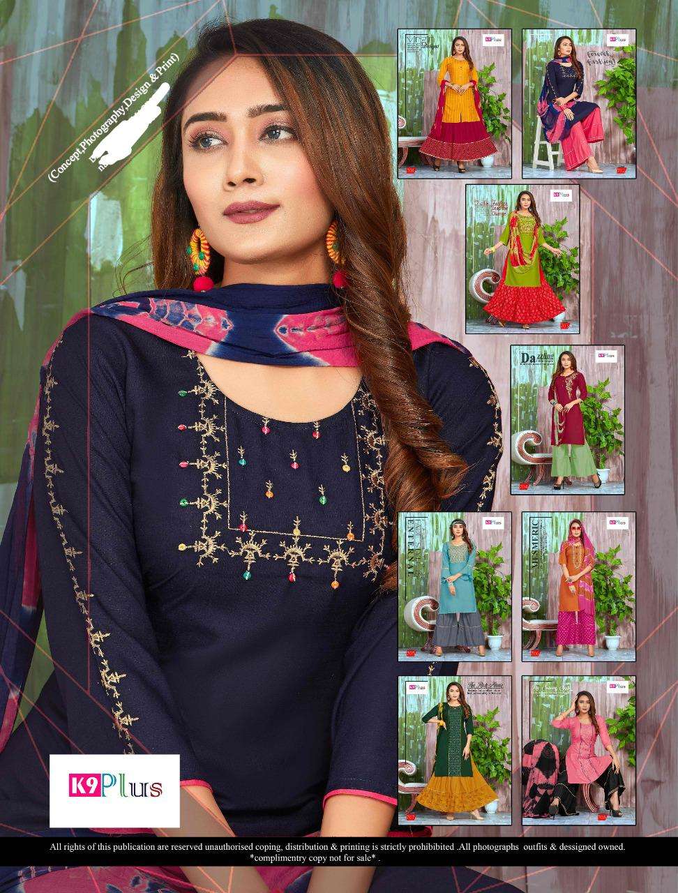 PLATINUM BY K9 PLUS 701 TO 708 SERIES BEAUTIFUL STYLISH FANCY COLORFUL CASUAL WEAR & ETHNIC WEAR RAYON EMBROIDERED DRESSES AT WHOLESALE PRICE