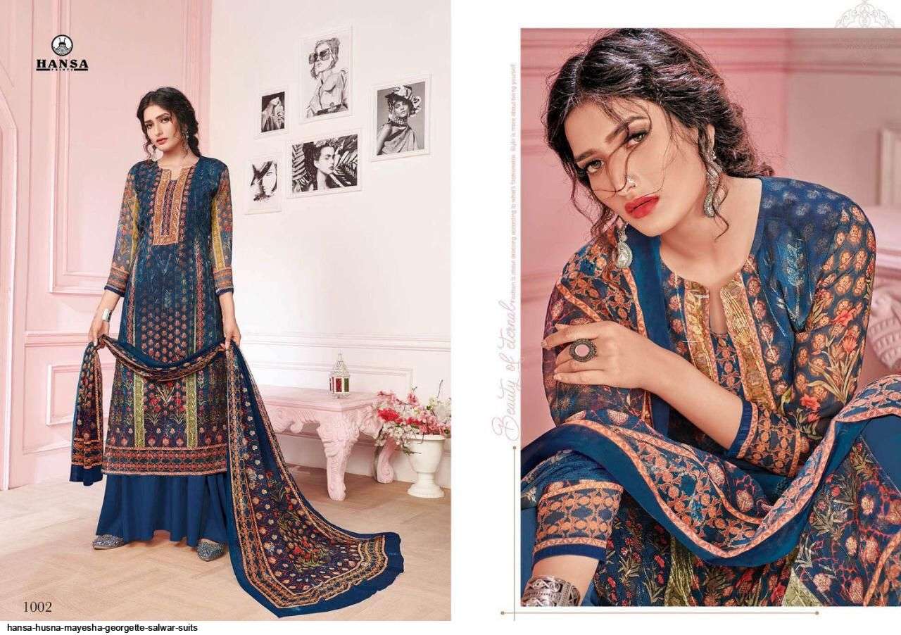 MAYESHA BY HANSA PRINT 1001 TO 1006 SERIES BEAUTIFUL SUITS STYLISH FANCY COLORFUL PARTY WEAR & OCCASIONAL WEAR GEOREGETTE DIGITAL PRINTED DRESSES AT WHOLESALE PRICE