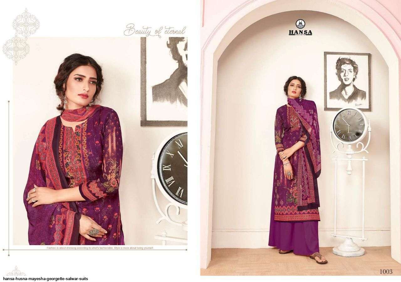 MAYESHA BY HANSA PRINT 1001 TO 1006 SERIES BEAUTIFUL SUITS STYLISH FANCY COLORFUL PARTY WEAR & OCCASIONAL WEAR GEOREGETTE DIGITAL PRINTED DRESSES AT WHOLESALE PRICE