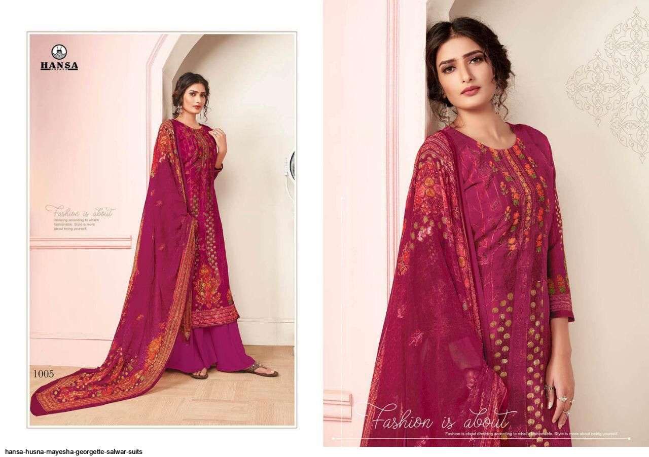 MAYESHA BY HANSA PRINT 1001 TO 1006 SERIES BEAUTIFUL SUITS STYLISH FANCY COLORFUL PARTY WEAR & OCCASIONAL WEAR GEOREGETTE DIGITAL PRINTED DRESSES AT WHOLESALE PRICE