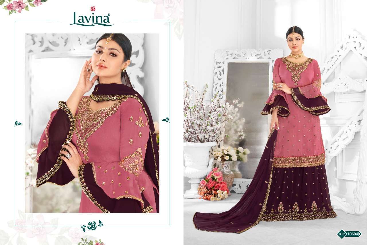 LAVINA VOL-105 BY LAVINA 10501 TO 10506 SERIES BEAUTIFUL SUITS STYLISH FANCY COLORFUL PARTY WEAR & OCCASIONAL WEAR SATIN GEORGETTE WITH EMBROIDERY DRESSES AT WHOLESALE PRICE