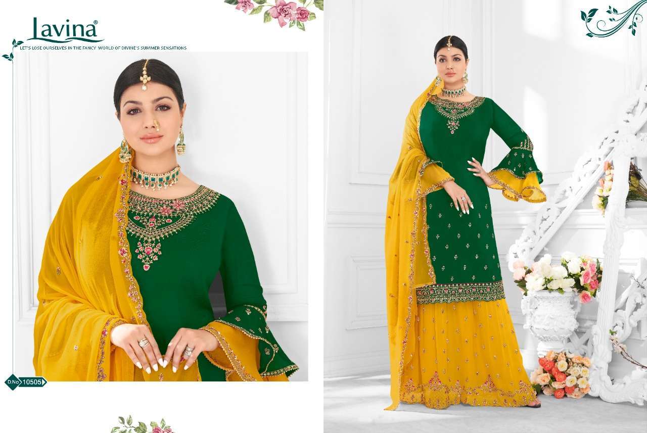 LAVINA VOL-105 BY LAVINA 10501 TO 10506 SERIES BEAUTIFUL SUITS STYLISH FANCY COLORFUL PARTY WEAR & OCCASIONAL WEAR SATIN GEORGETTE WITH EMBROIDERY DRESSES AT WHOLESALE PRICE
