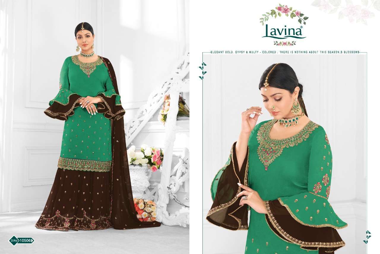 LAVINA VOL-105 BY LAVINA 10501 TO 10506 SERIES BEAUTIFUL SUITS STYLISH FANCY COLORFUL PARTY WEAR & OCCASIONAL WEAR SATIN GEORGETTE WITH EMBROIDERY DRESSES AT WHOLESALE PRICE