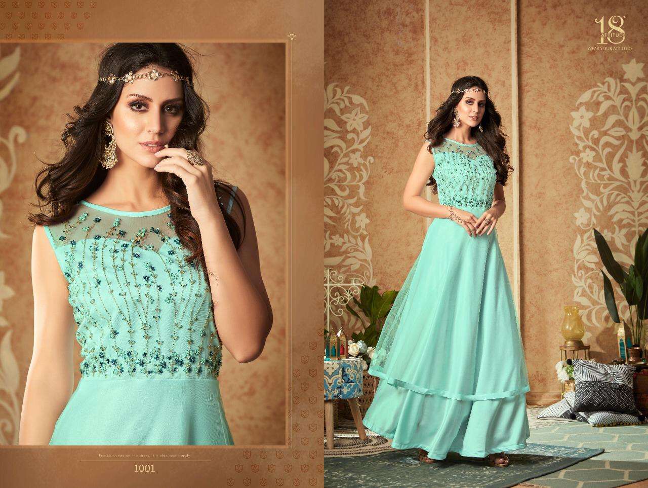 DULHANIYA BY 18 ATTITUDDE 1001 TO 1008 SERIES BEAUTIFUL BEAUTIFUL STYLISH FANCY COLORFUL CASUAL WEAR & ETHNIC WEAR READY TO WEAR FANCY FABRICS GOWNS AT WHOLESALE PRICE