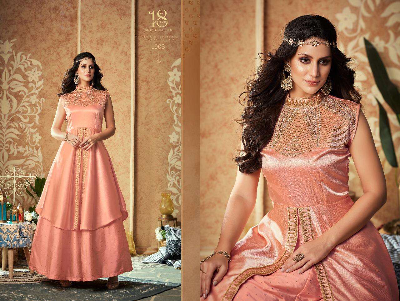 DULHANIYA BY 18 ATTITUDDE 1001 TO 1008 SERIES BEAUTIFUL BEAUTIFUL STYLISH FANCY COLORFUL CASUAL WEAR & ETHNIC WEAR READY TO WEAR FANCY FABRICS GOWNS AT WHOLESALE PRICE