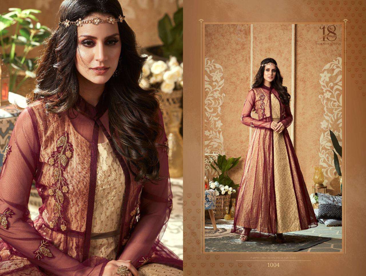 DULHANIYA BY 18 ATTITUDDE 1001 TO 1008 SERIES BEAUTIFUL BEAUTIFUL STYLISH FANCY COLORFUL CASUAL WEAR & ETHNIC WEAR READY TO WEAR FANCY FABRICS GOWNS AT WHOLESALE PRICE