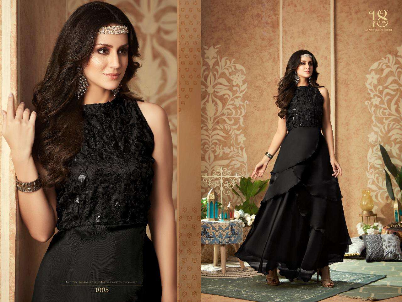 DULHANIYA BY 18 ATTITUDDE 1001 TO 1008 SERIES BEAUTIFUL BEAUTIFUL STYLISH FANCY COLORFUL CASUAL WEAR & ETHNIC WEAR READY TO WEAR FANCY FABRICS GOWNS AT WHOLESALE PRICE