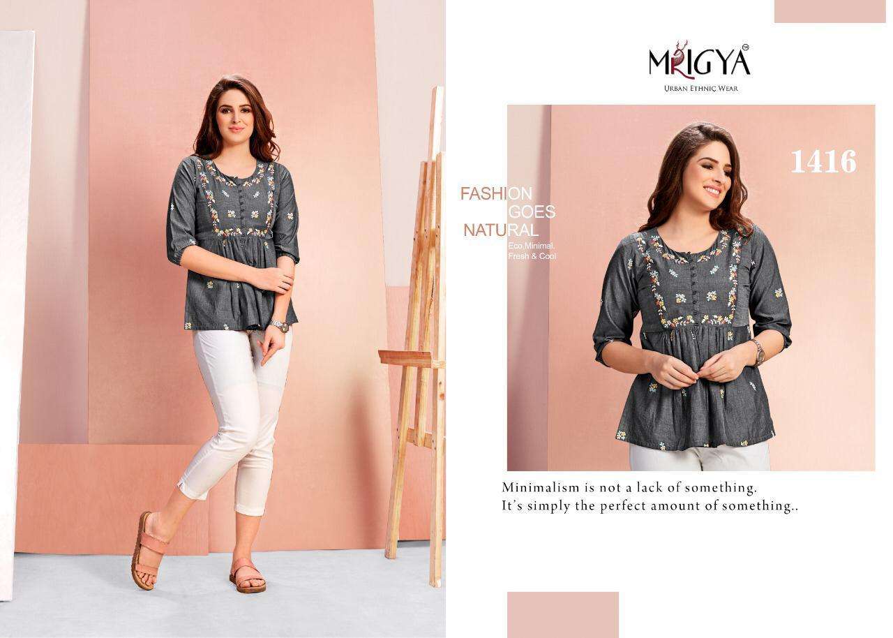 FLORA VOL-4 BY MRIGYA 1416 TO 1420 SERIES BEAUTIFUL COLORFUL STYLISH FANCY CASUAL WEAR & READY TO WEAR COTTON HANDLOOM WITH EMBROIDERY TOPS AT WHOLESALE PRICE