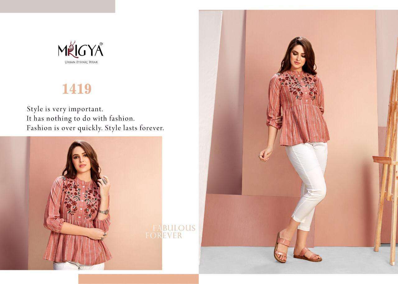 FLORA VOL-4 BY MRIGYA 1416 TO 1420 SERIES BEAUTIFUL COLORFUL STYLISH FANCY CASUAL WEAR & READY TO WEAR COTTON HANDLOOM WITH EMBROIDERY TOPS AT WHOLESALE PRICE