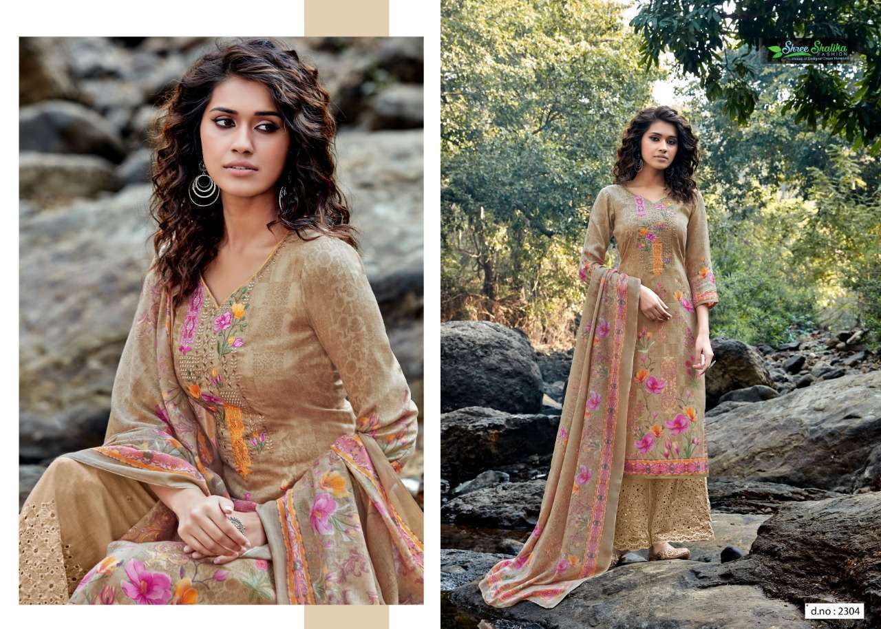 ALMAAS BY SHREE SHALIKA 2301 TO 2308 SERIES BEAUTIFUL STYLISH SHARARA SUITS FANCY COLORFUL CASUAL WEAR & ETHNIC WEAR & READY TO WEAR JAM SATIN WITH EMBROIDERY DRESSES AT WHOLESALE PRICE