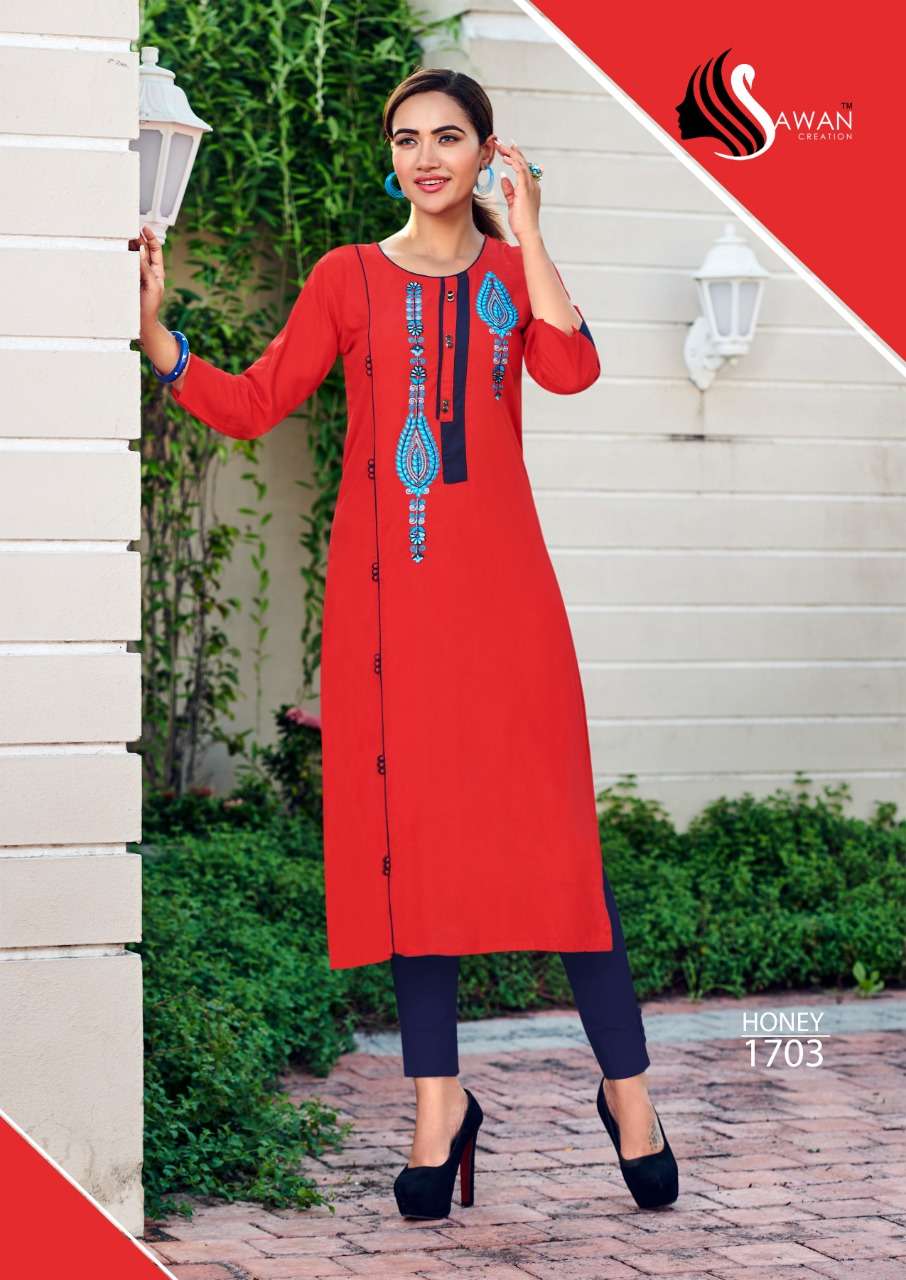 HONEY VOL-17 BY SAWAN CREATION 1701 TO 1712 SERIES BEAUTIFUL STYLISH FANCY COLORFUL CASUAL WEAR & ETHNIC WEAR & READY TO WEAR HEAVY RAYON 14 KG KURTIS AT WHOLESALE PRICE