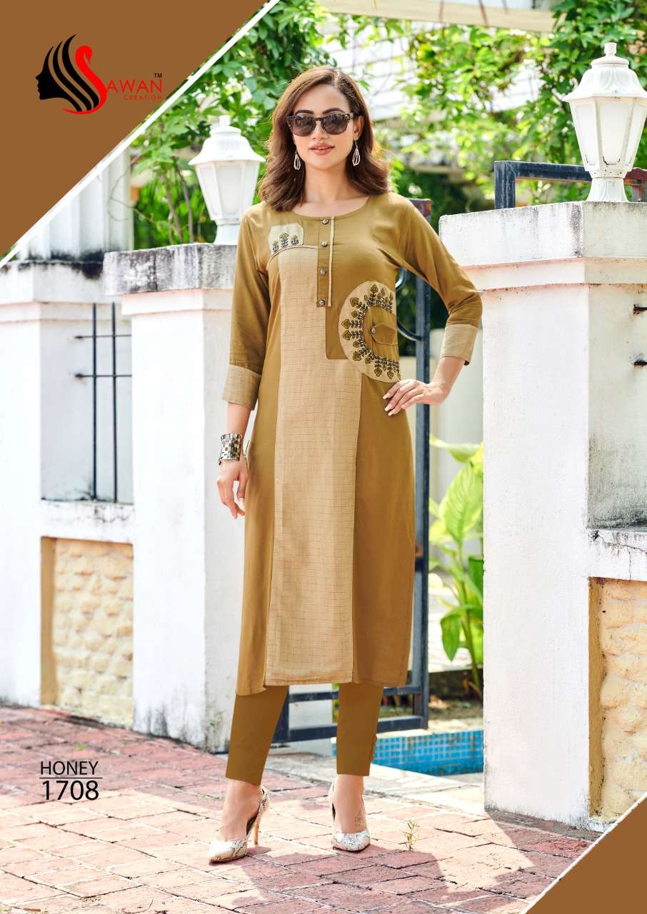 HONEY VOL-17 BY SAWAN CREATION 1701 TO 1712 SERIES BEAUTIFUL STYLISH FANCY COLORFUL CASUAL WEAR & ETHNIC WEAR & READY TO WEAR HEAVY RAYON 14 KG KURTIS AT WHOLESALE PRICE