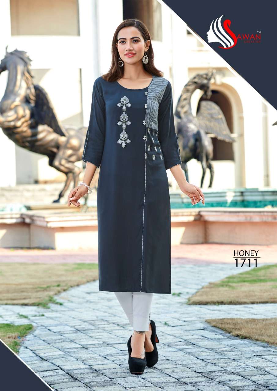 HONEY VOL-17 BY SAWAN CREATION 1701 TO 1712 SERIES BEAUTIFUL STYLISH FANCY COLORFUL CASUAL WEAR & ETHNIC WEAR & READY TO WEAR HEAVY RAYON 14 KG KURTIS AT WHOLESALE PRICE