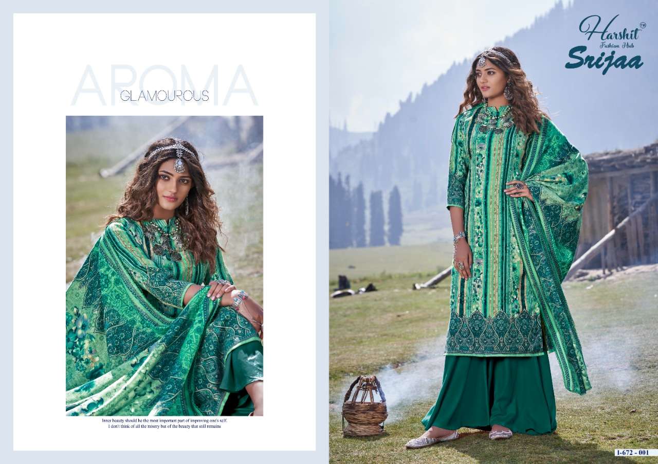 SRIJAA BY HARSHIT FASHION HUB 672-001 TO 672-010 SERIES BEAUTIFUL SUITS STYLISH FANCY COLORFUL PARTY WEAR & OCCASIONAL WEAR PURE WOOL PASHMINA DIGITAL PRINTED DRESSES AT WHOLESALE PRICE