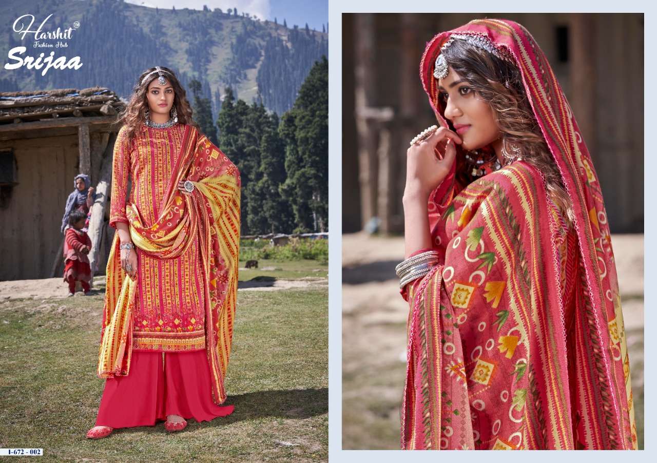 SRIJAA BY HARSHIT FASHION HUB 672-001 TO 672-010 SERIES BEAUTIFUL SUITS STYLISH FANCY COLORFUL PARTY WEAR & OCCASIONAL WEAR PURE WOOL PASHMINA DIGITAL PRINTED DRESSES AT WHOLESALE PRICE