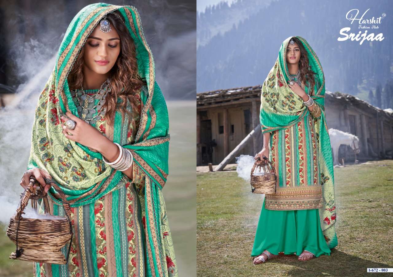 SRIJAA BY HARSHIT FASHION HUB 672-001 TO 672-010 SERIES BEAUTIFUL SUITS STYLISH FANCY COLORFUL PARTY WEAR & OCCASIONAL WEAR PURE WOOL PASHMINA DIGITAL PRINTED DRESSES AT WHOLESALE PRICE