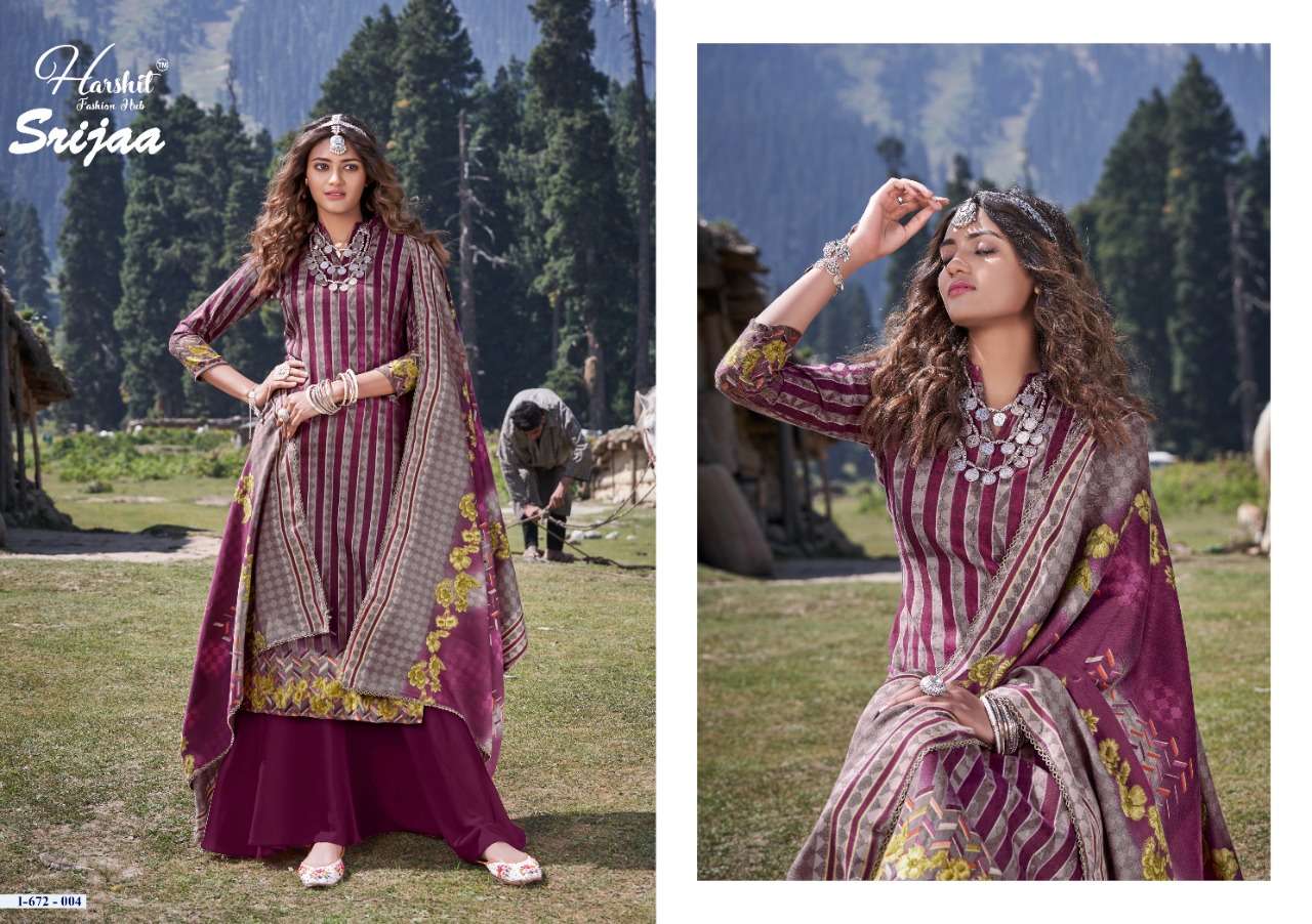 SRIJAA BY HARSHIT FASHION HUB 672-001 TO 672-010 SERIES BEAUTIFUL SUITS STYLISH FANCY COLORFUL PARTY WEAR & OCCASIONAL WEAR PURE WOOL PASHMINA DIGITAL PRINTED DRESSES AT WHOLESALE PRICE