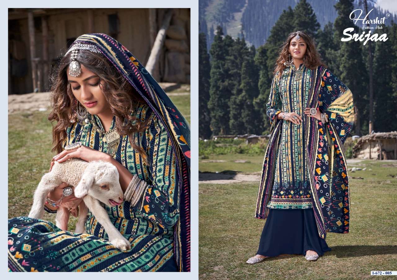 SRIJAA BY HARSHIT FASHION HUB 672-001 TO 672-010 SERIES BEAUTIFUL SUITS STYLISH FANCY COLORFUL PARTY WEAR & OCCASIONAL WEAR PURE WOOL PASHMINA DIGITAL PRINTED DRESSES AT WHOLESALE PRICE