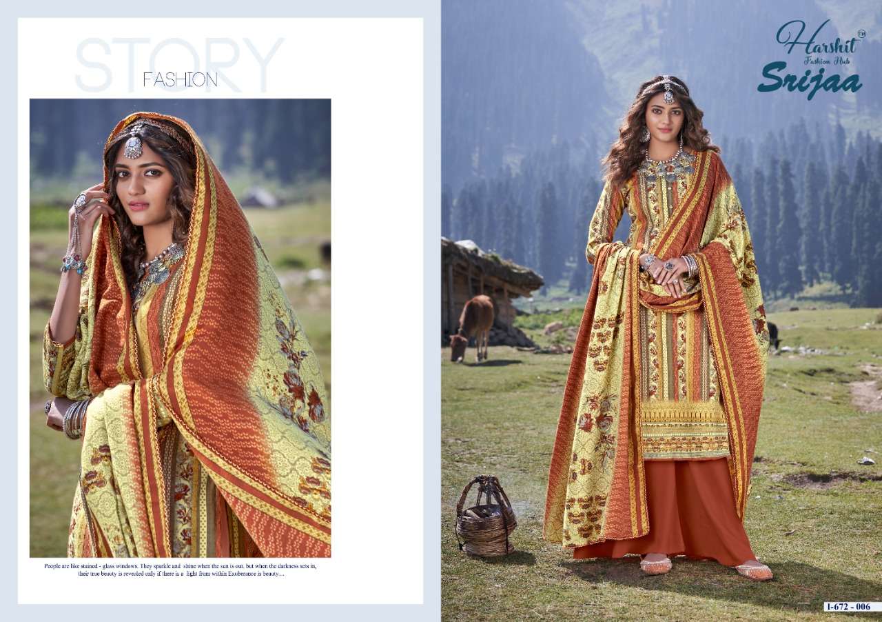 SRIJAA BY HARSHIT FASHION HUB 672-001 TO 672-010 SERIES BEAUTIFUL SUITS STYLISH FANCY COLORFUL PARTY WEAR & OCCASIONAL WEAR PURE WOOL PASHMINA DIGITAL PRINTED DRESSES AT WHOLESALE PRICE