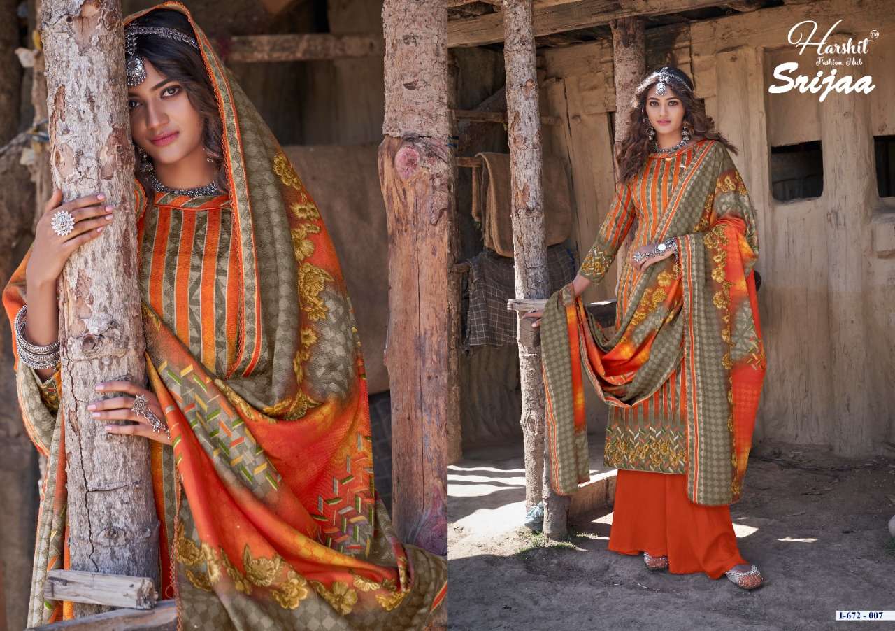 SRIJAA BY HARSHIT FASHION HUB 672-001 TO 672-010 SERIES BEAUTIFUL SUITS STYLISH FANCY COLORFUL PARTY WEAR & OCCASIONAL WEAR PURE WOOL PASHMINA DIGITAL PRINTED DRESSES AT WHOLESALE PRICE