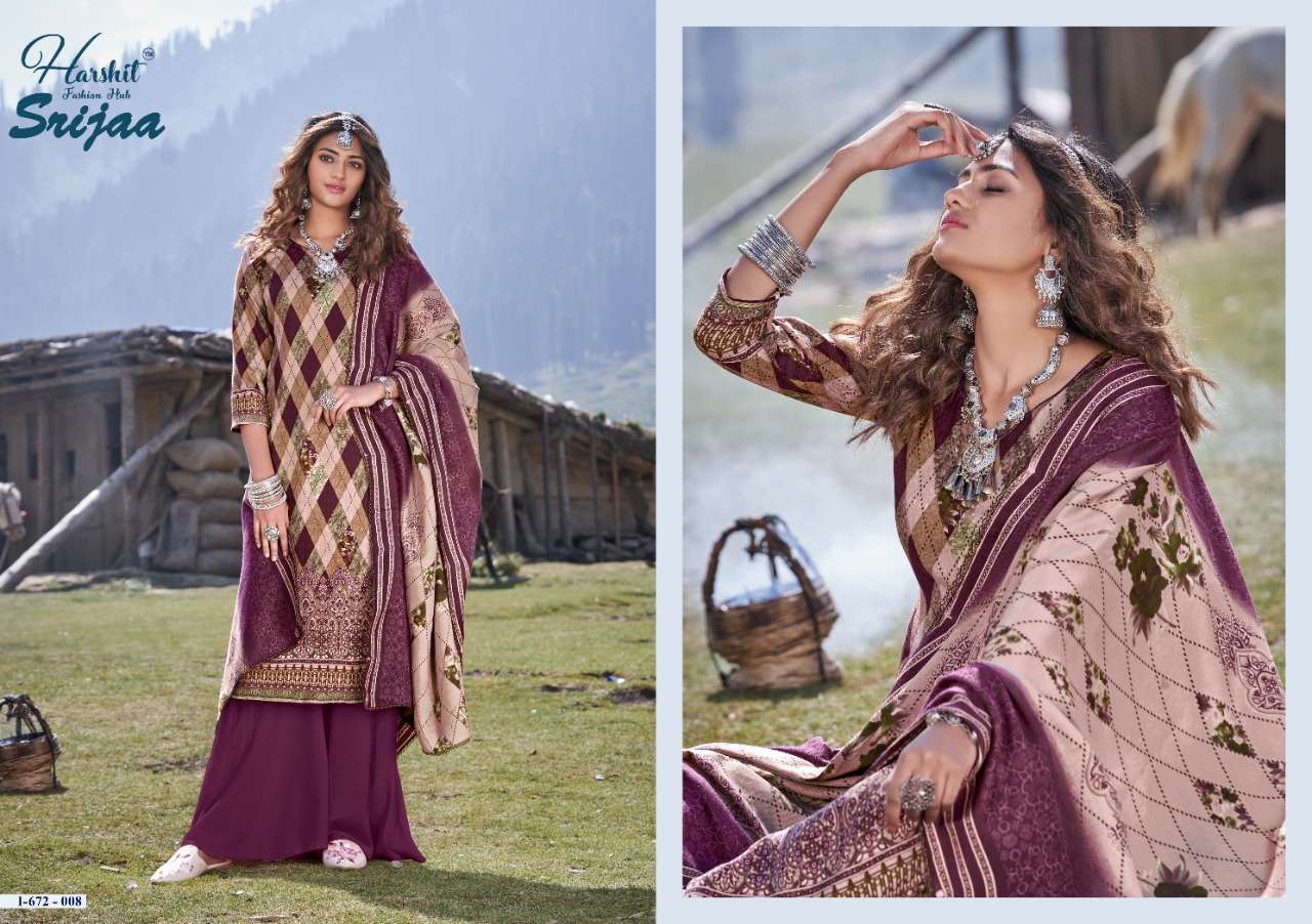 SRIJAA BY HARSHIT FASHION HUB 672-001 TO 672-010 SERIES BEAUTIFUL SUITS STYLISH FANCY COLORFUL PARTY WEAR & OCCASIONAL WEAR PURE WOOL PASHMINA DIGITAL PRINTED DRESSES AT WHOLESALE PRICE