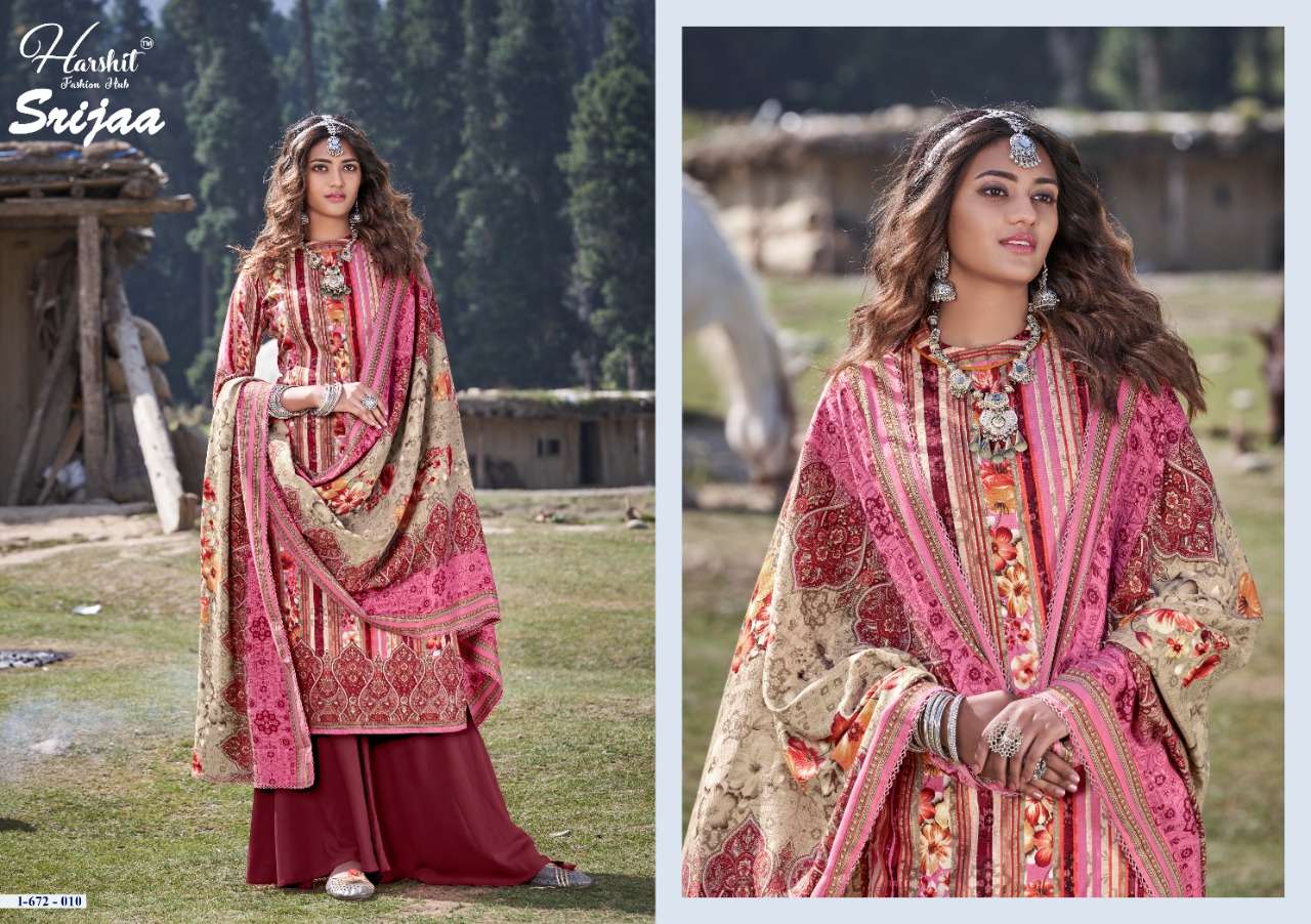 SRIJAA BY HARSHIT FASHION HUB 672-001 TO 672-010 SERIES BEAUTIFUL SUITS STYLISH FANCY COLORFUL PARTY WEAR & OCCASIONAL WEAR PURE WOOL PASHMINA DIGITAL PRINTED DRESSES AT WHOLESALE PRICE