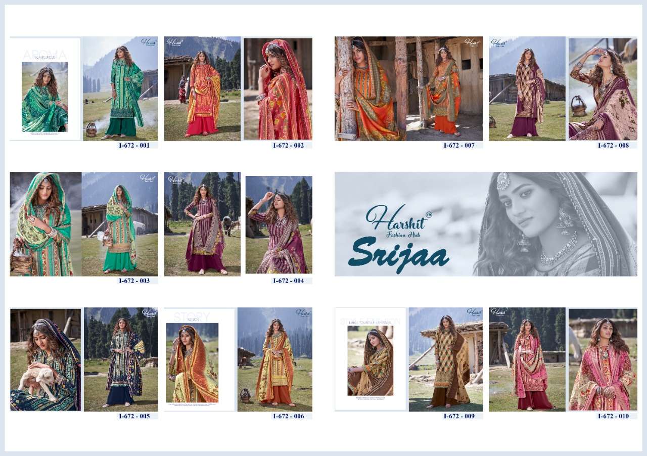 SRIJAA BY HARSHIT FASHION HUB 672-001 TO 672-010 SERIES BEAUTIFUL SUITS STYLISH FANCY COLORFUL PARTY WEAR & OCCASIONAL WEAR PURE WOOL PASHMINA DIGITAL PRINTED DRESSES AT WHOLESALE PRICE