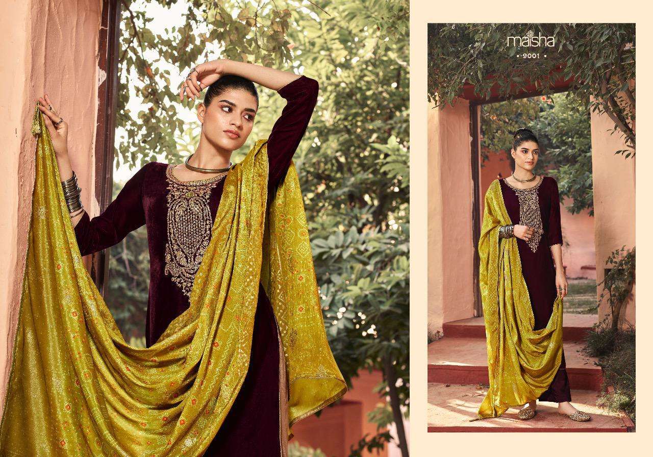 SWARAGINI BY MAISHA 9001 TO 9006 SERIES DESIGNER SUITS BEAUTIFUL STYLISH FANCY COLORFUL PARTY WEAR & OCCASIONAL WEAR FALKON VELVET DRESSES AT WHOLESALE PRICE