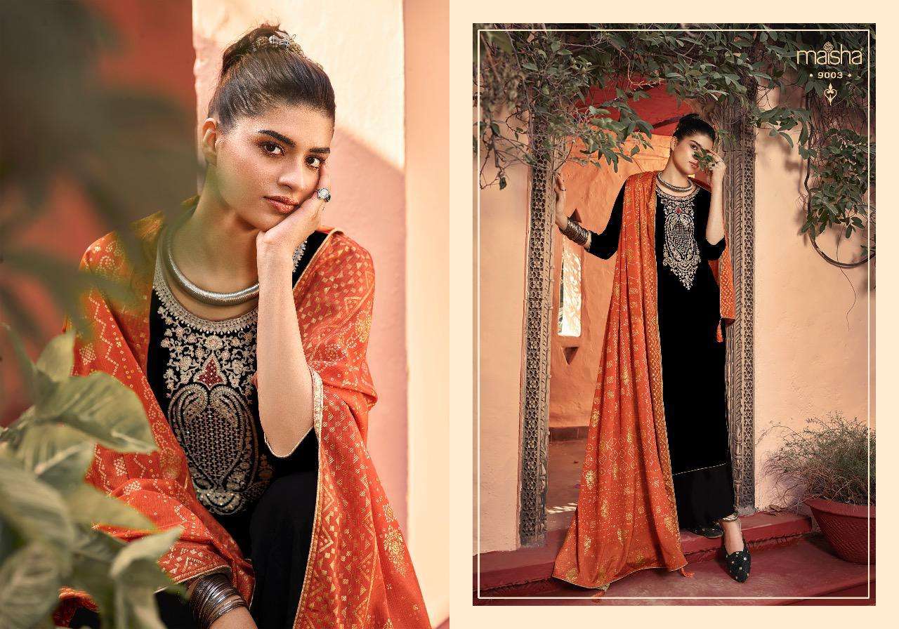 SWARAGINI BY MAISHA 9001 TO 9006 SERIES DESIGNER SUITS BEAUTIFUL STYLISH FANCY COLORFUL PARTY WEAR & OCCASIONAL WEAR FALKON VELVET DRESSES AT WHOLESALE PRICE
