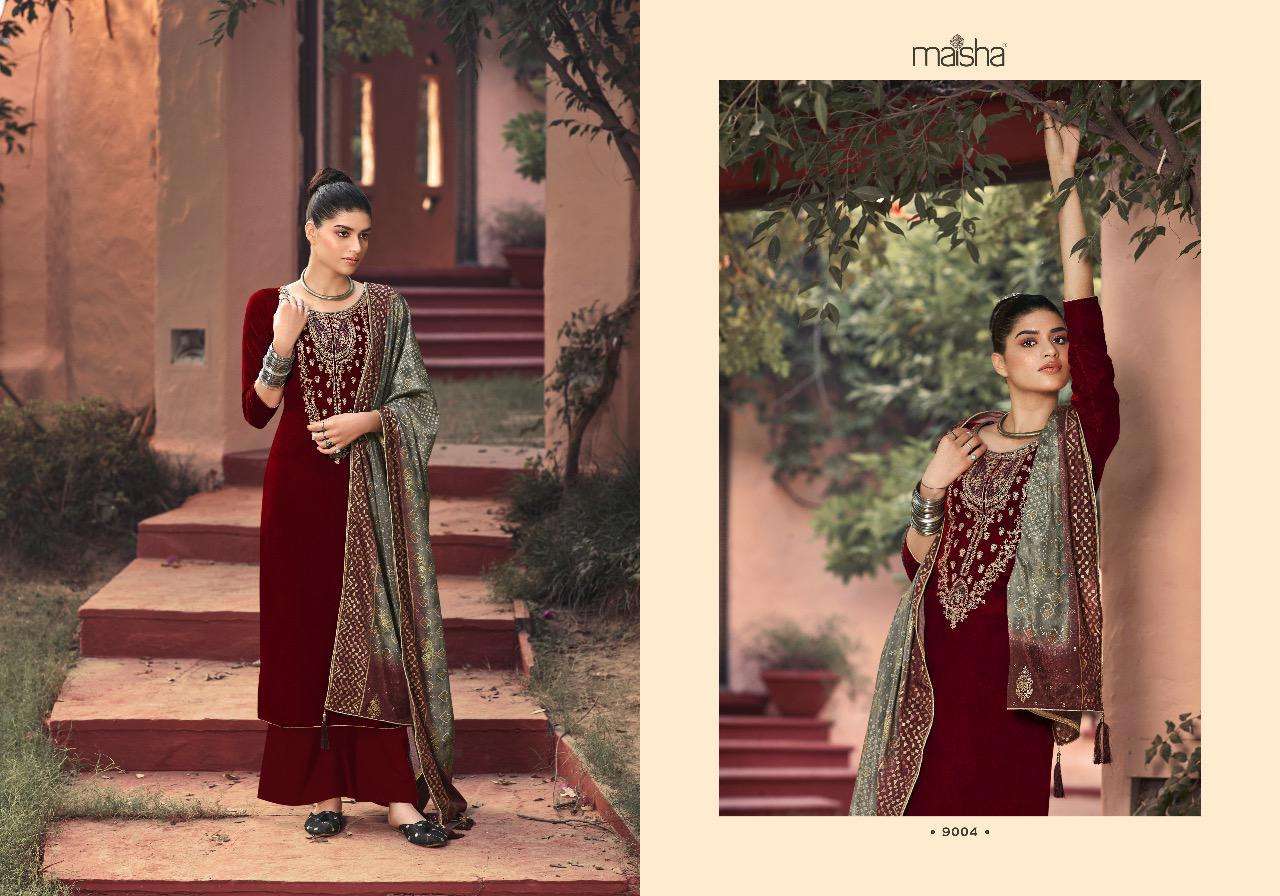 SWARAGINI BY MAISHA 9001 TO 9006 SERIES DESIGNER SUITS BEAUTIFUL STYLISH FANCY COLORFUL PARTY WEAR & OCCASIONAL WEAR FALKON VELVET DRESSES AT WHOLESALE PRICE